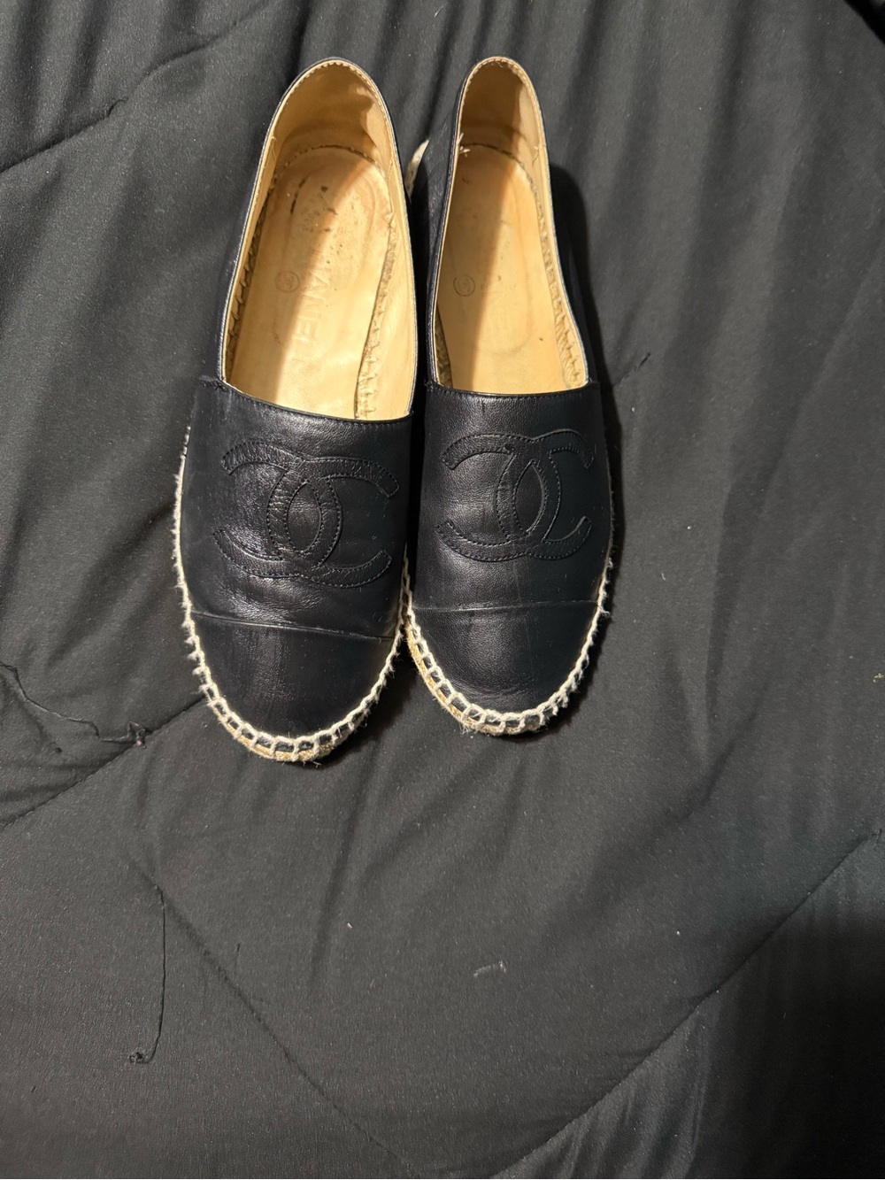CHANEL Black Leather Espadrilles with CC Motif